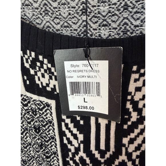 Nanette Lepore No Regrets Dress Black Ivory Geometric Knit Scoop Neck Sz L NWT - Picture 5 of 10